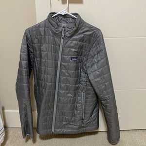 Patagonia women’s silver puffer jacket, size large